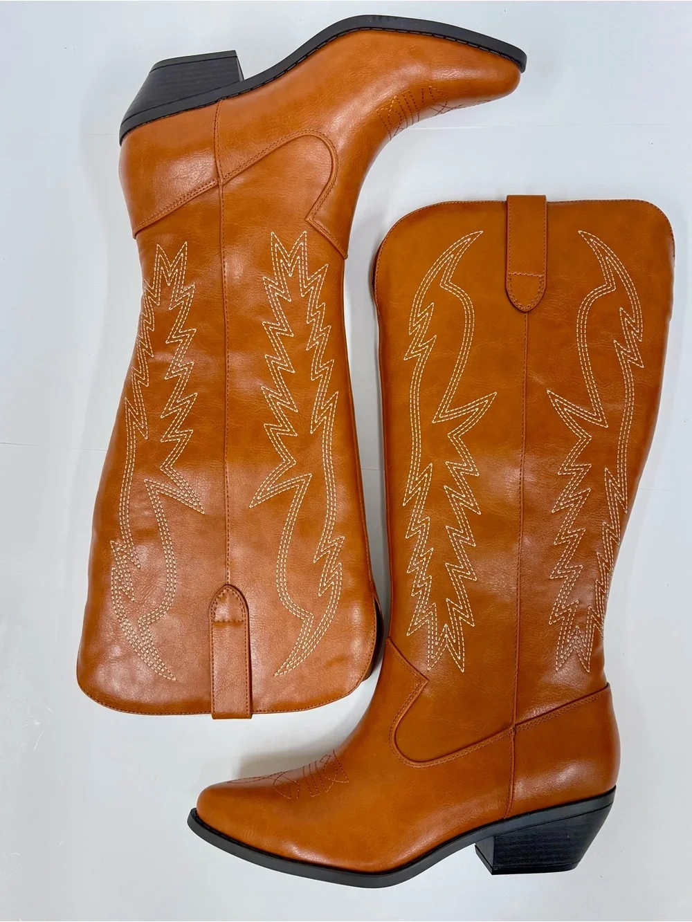 Soda Cognac Western Knee-High Boot with Embroidered Detail